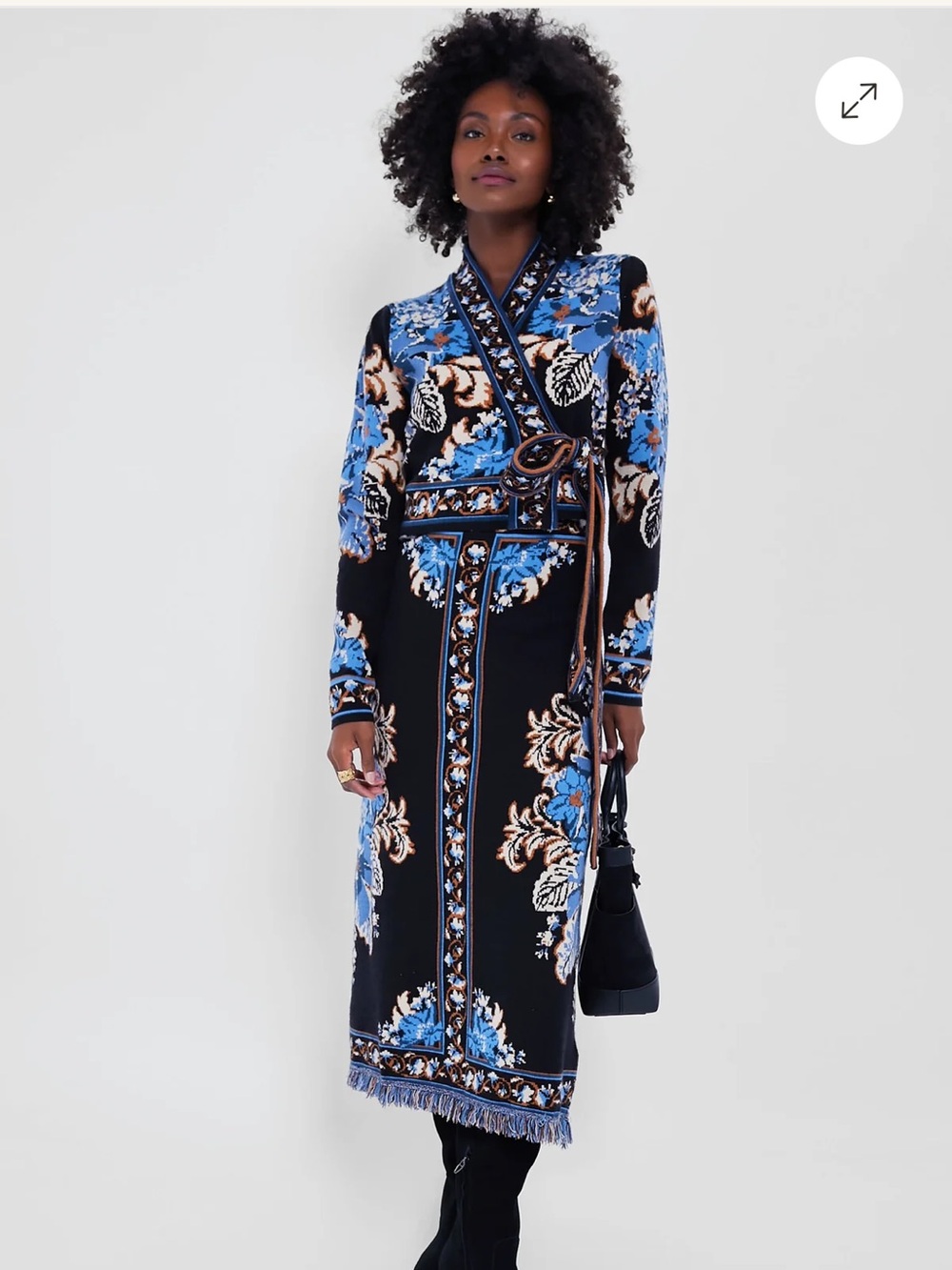 FARM Rio Black Blossom Tapestry Knit SET -Wrap Blouse  & Midi Fringe Skirt